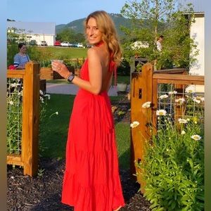 Red halter maxi dress